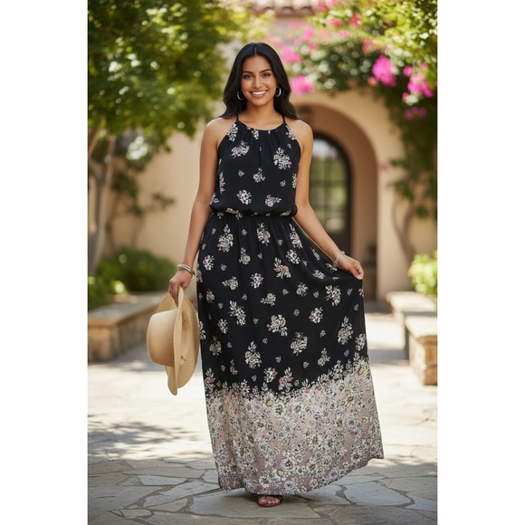 Maurices Dresses & Skirts - Maurices Black Floral Halter Maxi Dress S Wedding Cruise Vacation Cottagecore